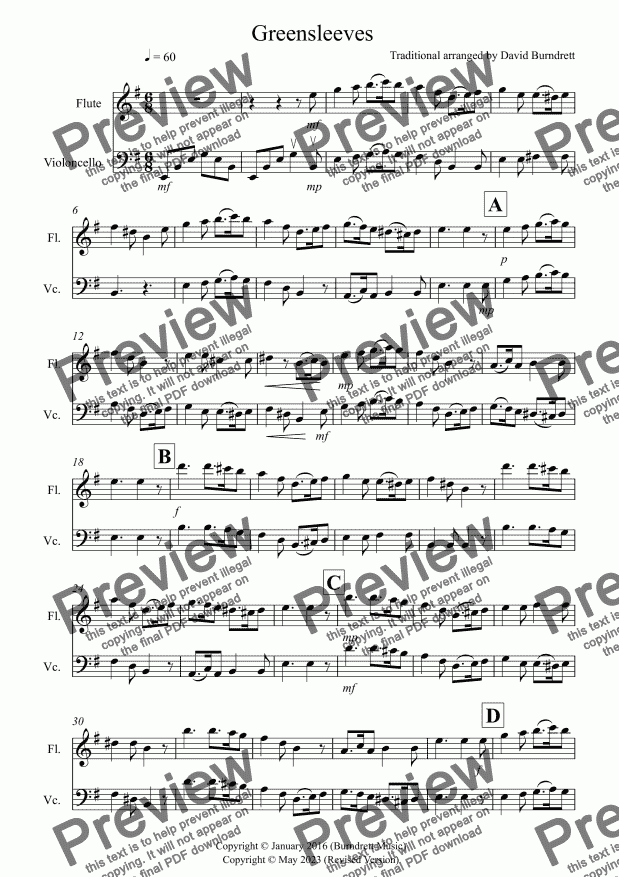 Greensleeves For Flute And Cello Duet Download Sheet Music Pdf File