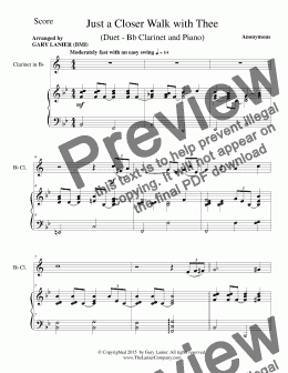 page one of Just A Closer Walk With Thee ( Bb Clarinet and Piano)