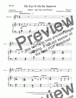 page one of His Eye Is On The Sparrow (Alto Sax & Piano)