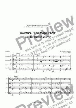 page one of Overture 'The Magic Flute' arr for Clarinet Quartet