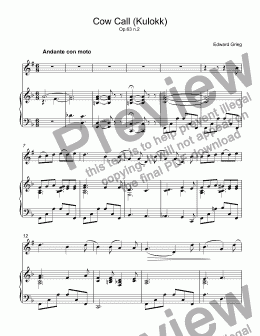 page one of Grieg - Cow Call (Kulokk)  Op.63 n.2 for trumpet Bb & piano