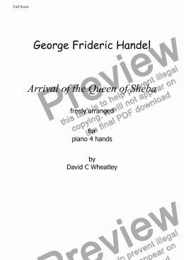 page one of Handel - Arrival of the Queen of Sheba freely arranged for piano 4 hands by David C Wheatley