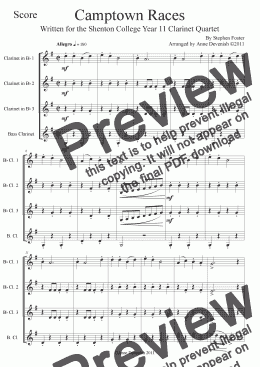 page one of Camptown Races - Clarinet Quartet Score