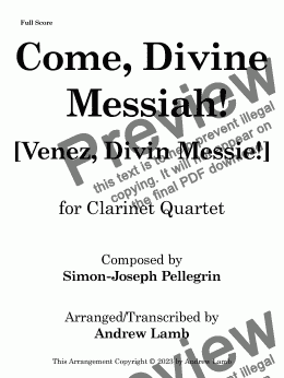 page one of Come, Divine Messiah! (for Clarinet Quartet)