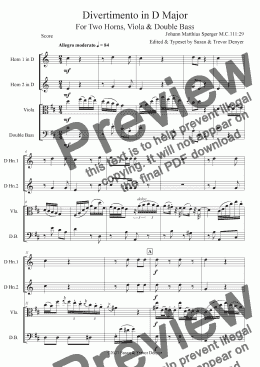 page one of Divertimento in D (Viola, Bass & 2 Horns) - Sperger - Score