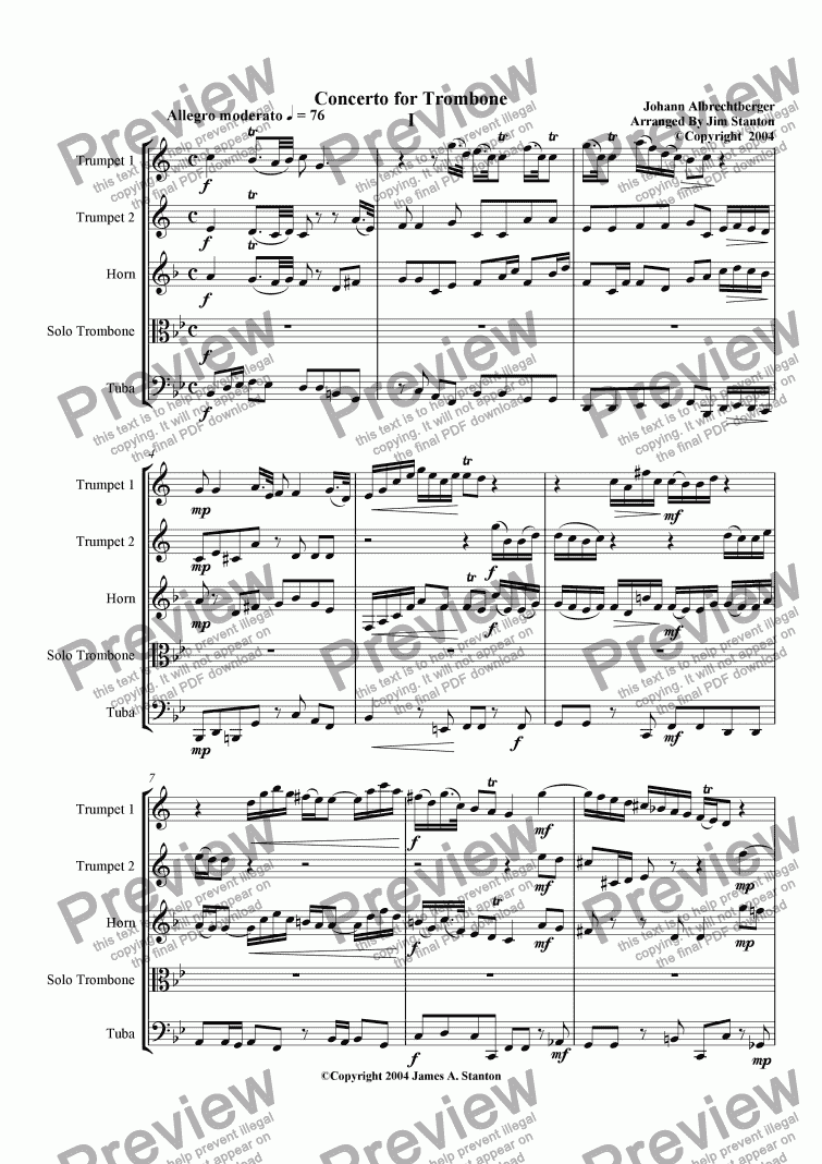 Albrechtberger Alto Trombone Concerto for Brass Quintet Sheet Music