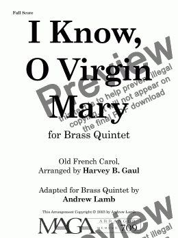 page one of I Know, O Virgin Mary (for Brass Quintet)