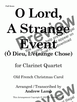 page one of O Lord, A Strange Event (for Clarinet Quartet)