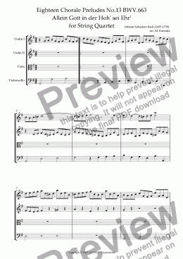 page one of Eighteen Chorale Preludes No.13 BWV.663 Allein Gott in der Hoh’ sei Ehr’ for String Quartet (2 Violins, Viola & Cello)