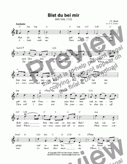 page one of Bist du bei mir, Be thou with me BWV 508, lead sheet, voice and chords (C Major)