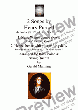 page one of English Song: Purcell, H. - 2 Songs: Next, Winter comes slowly & Hence, hence with your trifling deity - arr. for Bass Voice & String Quartet by Gerald Manning