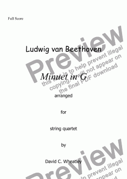 page one of Beethoven - Minuet in G arranged for string quartet by David Wheatley