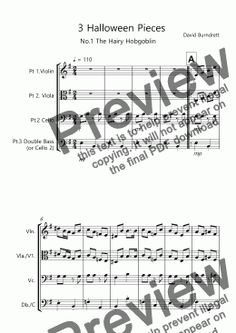 page one of 3 Halloween Pieces for Violin or Viola, Cello and Double Bass