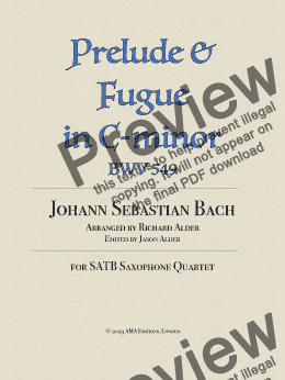 page one of Bach Prelude and Fugue in C minor BWV 549 for saxophone quartet