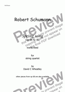 page one of Schumann - 'Spring song' (op 68 no15) transcribed for string quartet by David C Wheatley