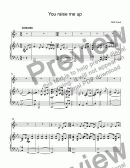 page one of Lova - You raise me up for trumpet Bb & piano