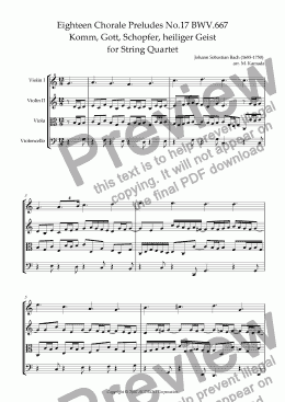 page one of Eighteen Chorale Preludes No.17 BWV.667 Komm, Gott, Schopfer, heiliger Geist for String Quartet (2 Violins, Viola & Cello)