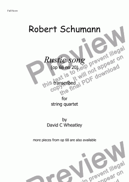 page one of Schumann - 'Rustic song' (op 68 no 20) for string quartet transcribed by David C Wheatley