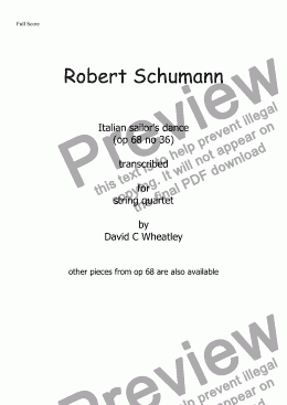 page one of Schumann - 'Italian sailor's song' (op 68 no 36) transcribed for string quartet by David C Wheatley