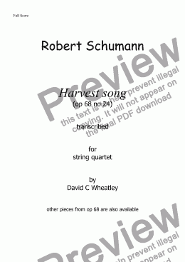 page one of Schumann - 'Harvest song' (op 68 no 24) transcribed for string quartet by David C Wheatley 