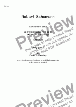 page one of Schumann Suite (11 pieces from op 68) transcribed for string quartet by David C Wheatley 