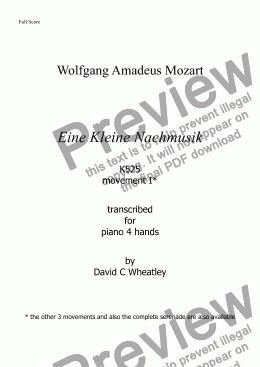 page one of Mozart - Eine Kleine Nachmusik mvt I transcribed for piano 4 hands by David C Wheatley 