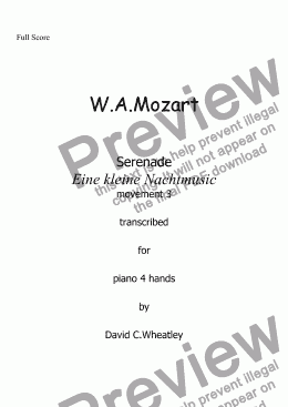page one of Mozart - Eine kleine Nachtmusik mvt 3 (menuetto) transcribed for piano 4 hands by David C Wheatley