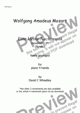 page one of Mozart - Eine kleine Nachtmusic mvt 4 (Rondo) transcribed for piano 4 hands by David C Wheatley