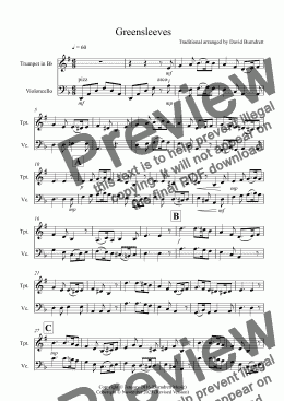 page one of Greensleeves for Trumpet and Cello Duet