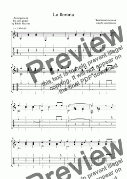 page one of La llorona arrangement for solo guitar by Pablo Alcázar