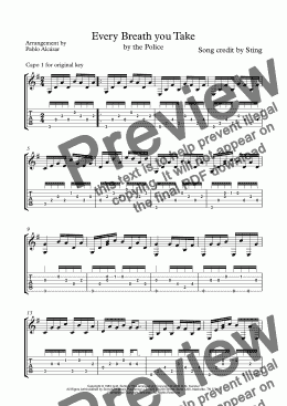 page one of Every Breath you Take by The Police for SOLO GUITAR. Arrangement by Pablo Alcázar.