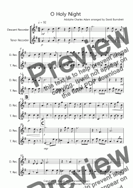 page one of O Holy Night for Descant and Tenor Recorder Duet