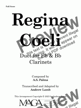 page one of A.S. Palma | Regina Coeli (arr. for Clarinet Duet)