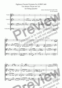 page one of Eighteen Chorale Preludes No.18 BWV.668 Vor deinen Thron tret’ ich. for String Quartet (2 Violins, Viola & Cello)