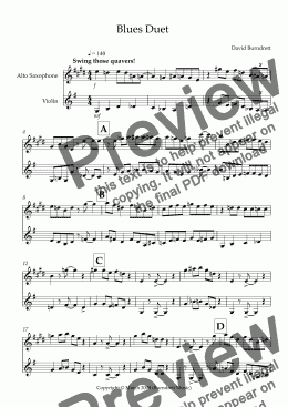 page one of Blues Duet for Alto Saxophone and Violin Duet