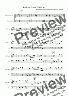 page one of Prelude from Te Deum for Alto Saxophone and Cello Duet