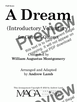 page one of William Augustus Montgomery | A Dream | for Clarinet Quintet