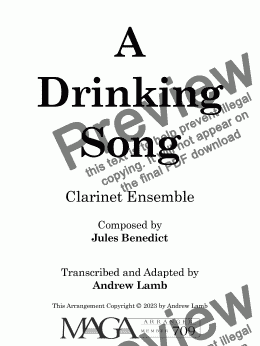 page one of Jules Benedict | A Drinking Song (arr. for Clarinet Quintet)