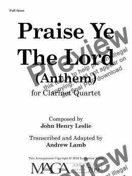 page one of John Henry Leslie | Praise Ye The Lord (arr. for Clarinet Quartet)