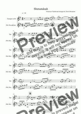 page one of Shenandoah for Trumpet and Alto Saxophone Duet