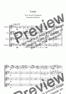 page one of Largo from "New World" Symphony - Saxophone Quartet