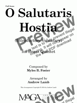 page one of Myles Foster | O Salutaris Hostia (arr. for Brass Quintet)