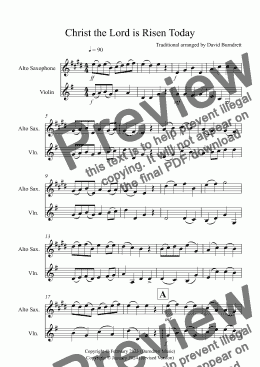 page one of Christ the Lord is Risen Today for Alto Saxophone and Violin Duet