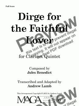 page one of Jules Benedict | Dirge for the Faithful Lover (arr. for Clarinet Quintet)