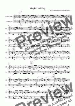 page one of Maple Leaf Rag for Clarinet and Cello Duet