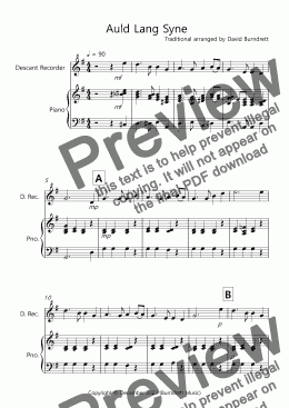 page one of Auld Lang Syne for Descant Recorder and Piano