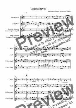 page one of Greensleeves for Glockenspiel and Xylophone Duet