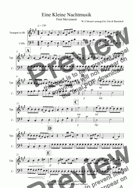 page one of Eine Kleine Nachtmusik (1st movement) for Trumpet and Cello Duet