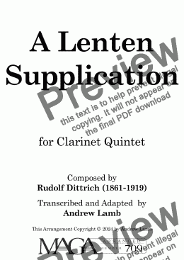 page one of Rudolf Dittrich | A Lenten Supplication (for Clarinet Quintet)