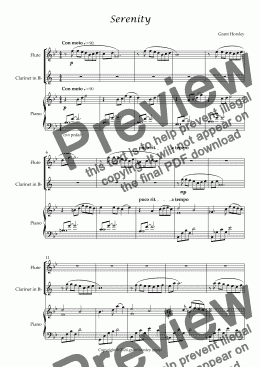 page one of Serenity. Original for Flute, Clarinet and Piano